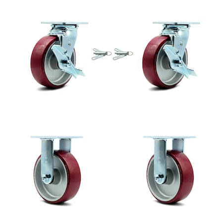 6 Inch Poly On Aluminum Caster Set With 2 Brakes/Swivel Lock 2 Rigid SCC
